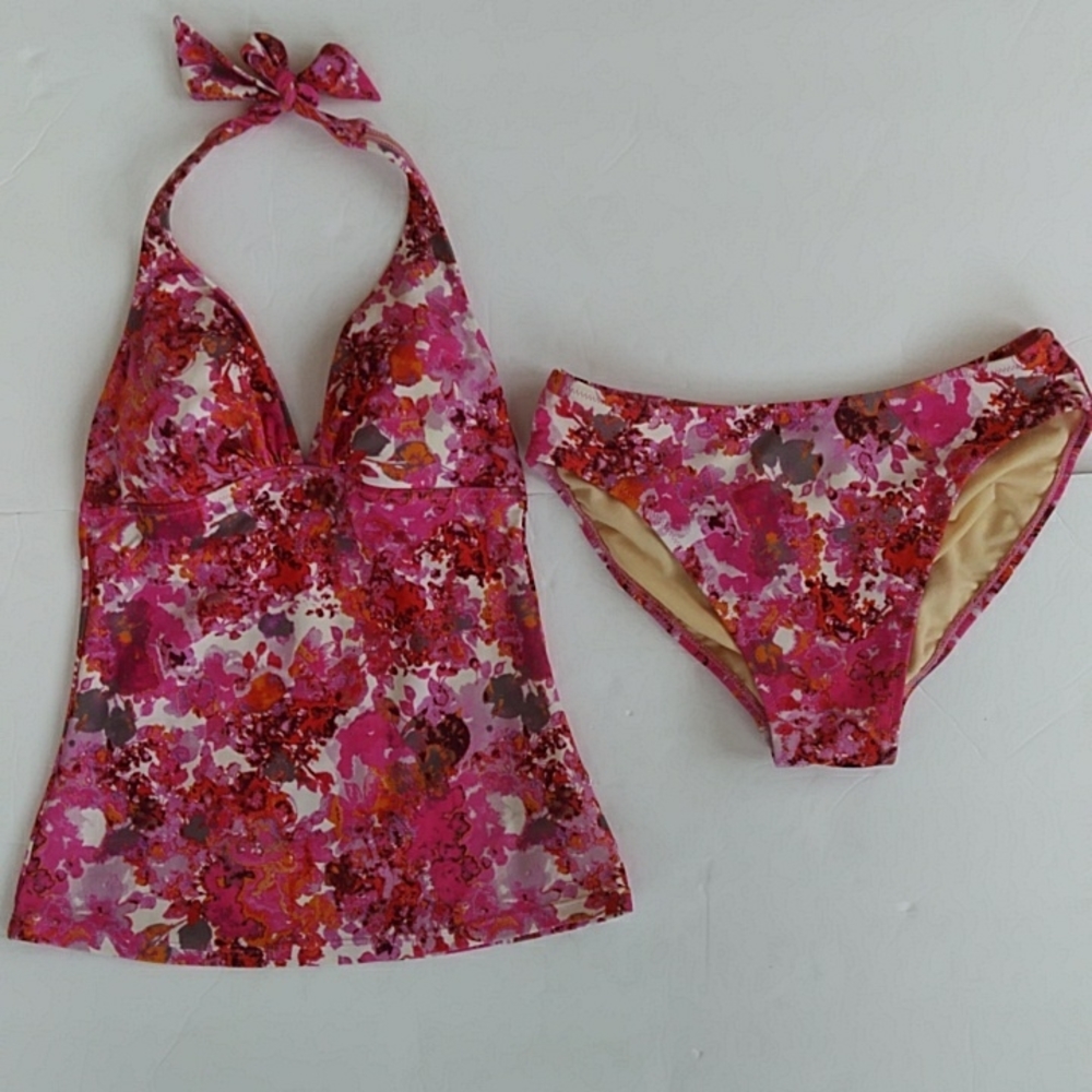 Profile Two Piece Padded Halter Tankini Swimsuit 6 Pink White